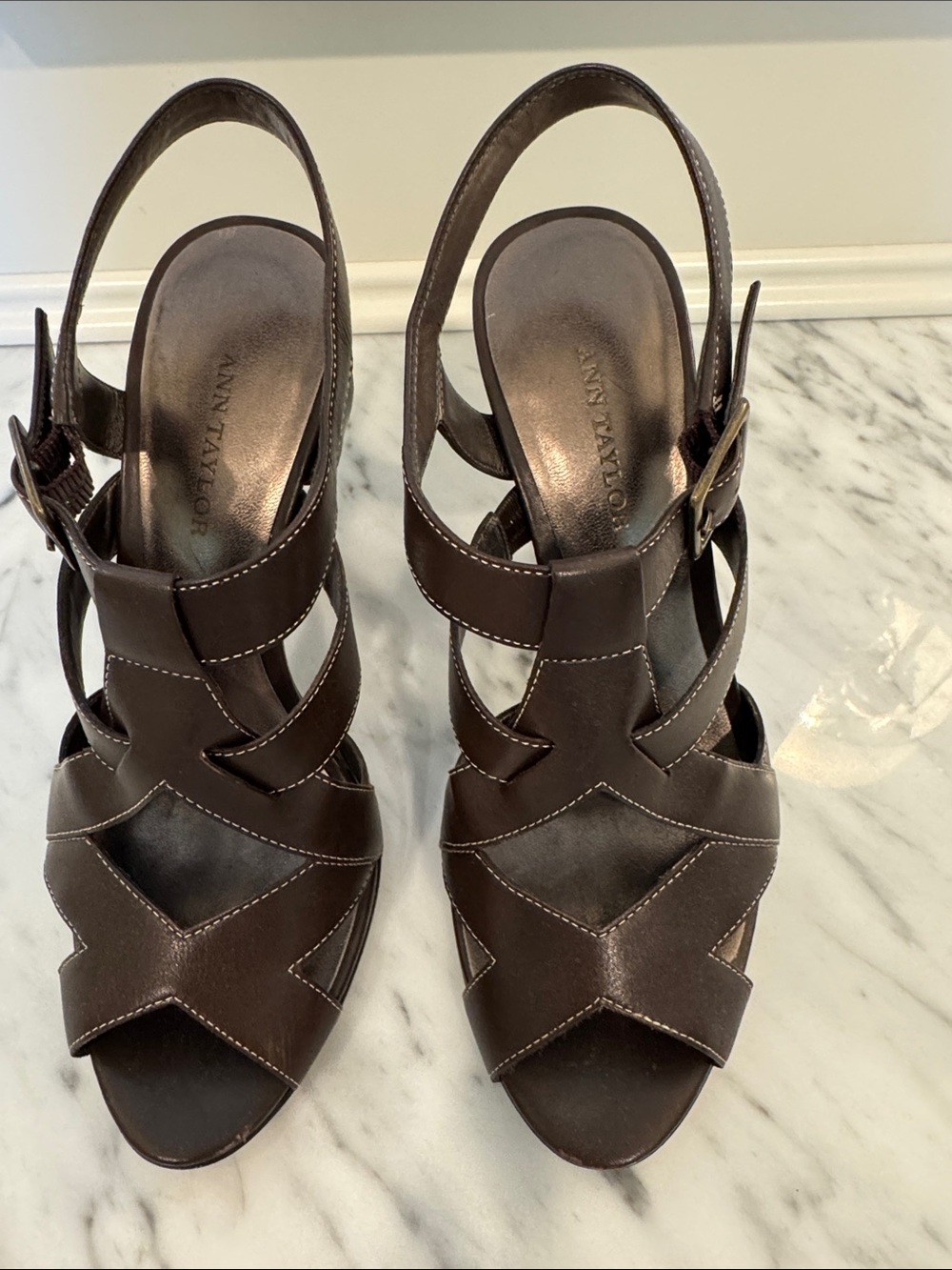 Ann Taylor Dark Brown Leather Slingback Heeled Sandals